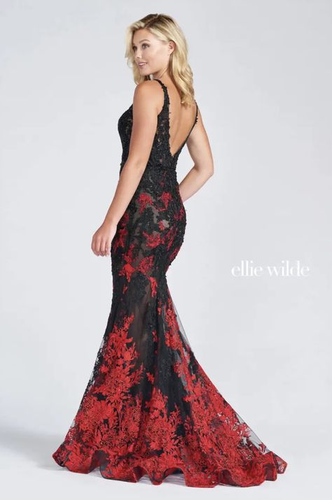 Red Dress With Black Lace, Ellie Wilde Prom Dresses, Plastic Dress, V Neck Prom Dresses, Ellie Wilde, Prom Dress Stores, Trumpet Skirt, Prom Dress Styles, Perfect Prom Dress