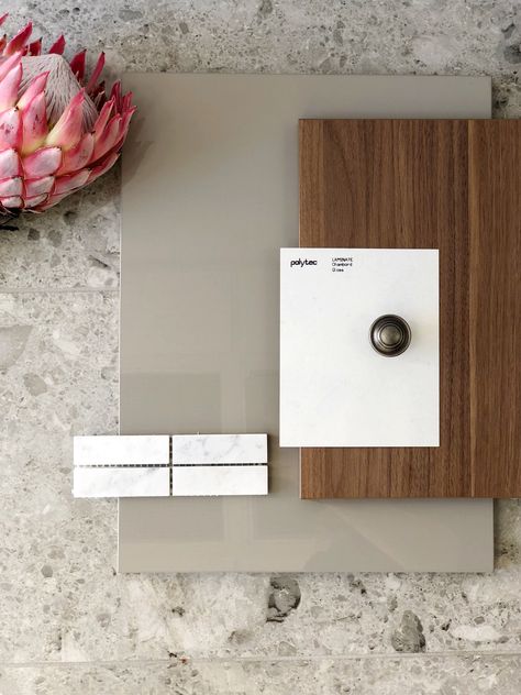 Walnut Mood Board, Walnut Palette, Gray Marble Countertops, Grey Moodboard, Walnut Bedroom, Kitchen Colour Combination, Walnut Kitchen, Kitchen Mood Board, Laminate Colours