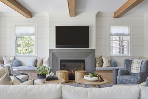 Fall calls for a refreshing space to sit back and relax. This livable yet elevated does it all and treats a young family to a space that stands the test of time with nearly full coverage using performance fabrics!⁠ ⁠ Design : @kandcoliving⁠ Photo : @raquellangworthy.photo Tv Between Windows, Tv Fireplace Wall Ideas Built Ins, Windows Design Ideas, Fireplace Between Windows, Shiplap Trim, French Style Living Room, Brick Fireplace Wall, Gray Shiplap, Glamorous Living Room