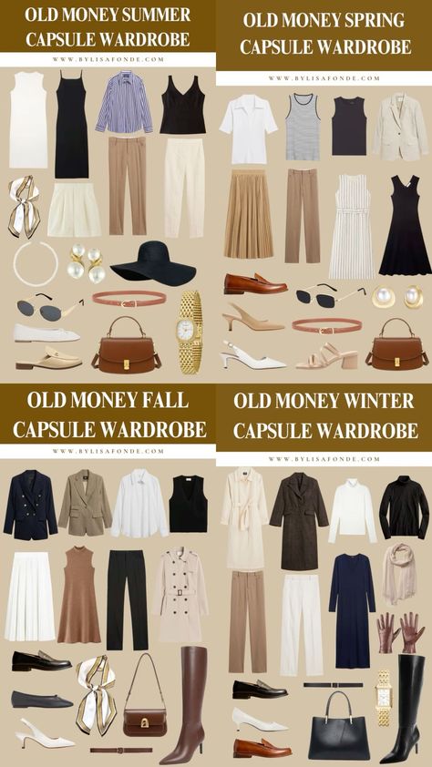 Old Money Style Capsule Wardrobe, Old Money Attire, Old Money Basic Outfits, Dressing Old Money, Old Money Aesthetic Capsule Wardrobe, Old Money Capsule Wardrobe Fall, New Money Outfits, Old Money Closet, Different Dressing Styles