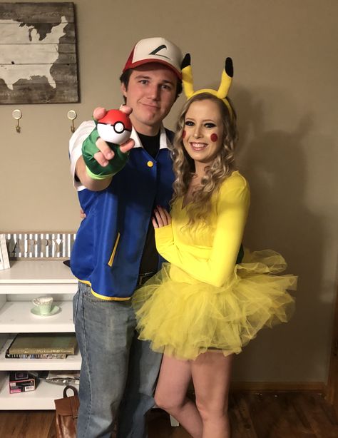 Ash And Pikachu Costume Couple, Ash Pikachu Costume, Pikachu And Ash Costume Couple, Pikachu Couple Costume, Pokemon Halloween Costume Couple, Pokémon Couple Costume, Onsie Couples Costumes, Couple Costume Anime, Anime Halloween Couple Costume