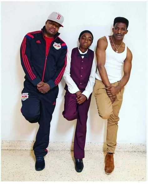 Rickey Bell with the actors who portrayed him in The New Edition Story (2017), Caleb McLaughlin and Elijah Kelley. Elijah Kelley, Michael Bivins, Ricky Bell, Bryshere Gray, Caleb Mclaughlin, Ralph Tresvant, Movie Outfits, Black Entertainment, Movies Outfit