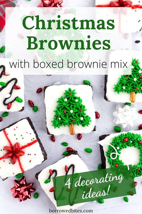 These easy Christmas Brownies are a festive holiday treat that anyone can make! Start with your favorite boxed brownie mix and our creamy vanilla frosting. Then make any of these 4 Christmas brownie ideas, including a simple wreath, a Christmas present, holiday lights, or Christmas tree brownies! Christmas Brownie, Tree Brownies, Decorated Brownies, Dark Chocolate Desserts, Brownie Ideas, Christmas Tree Brownies, Christmas Brownies, Simple Wreath, Bites Recipes