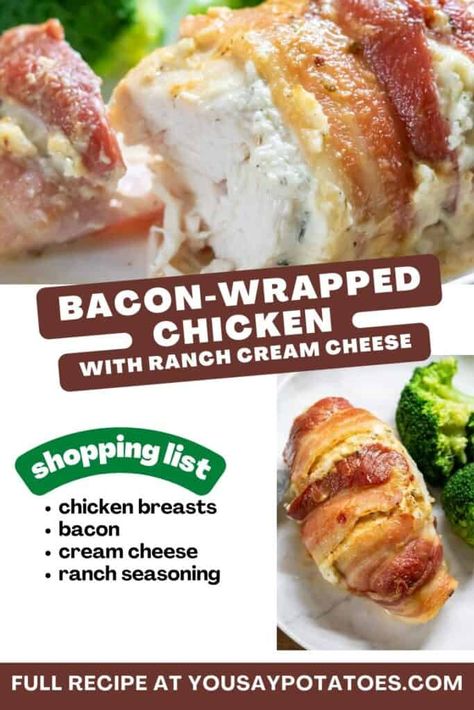 Bacon Wrapped Chicken with Cream Cheese Bacon Wrapped Cream Cheese Chicken, Cheese Sauce For Chicken, Chicken With Cream Cheese, Chicken Wing Sauce Recipes, Chicken Breast With Bacon, Stuffed Chicken Breast Cream Cheese, Chicken And Cheese Recipes, Chicken Cream Cheese, Bacon Wrapped Chicken Breast