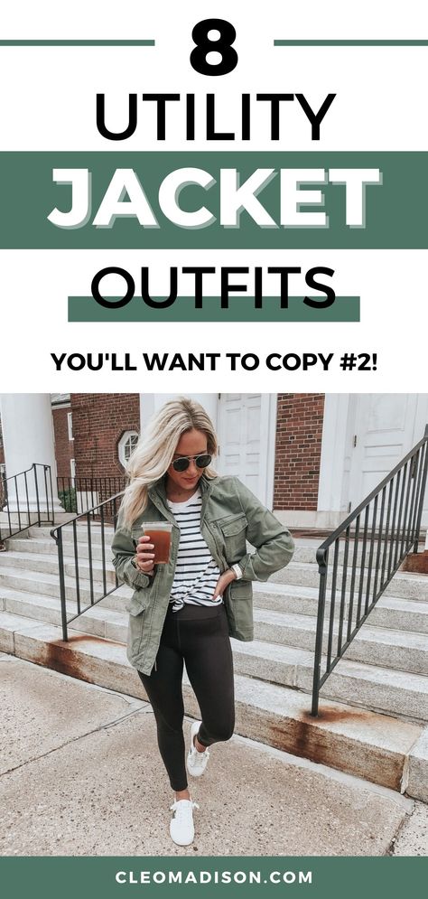 Jackets For Office Women, Outfits With Green Jacket Casual, How To Style Green Utility Jacket, Women’s Utility Jacket Outfit, Olive Green Cargo Jacket Outfit, Styling Utility Jacket, Utility Jacket Outfit Winter, Green Utility Jacket Outfit Fall, Utility Jacket Outfit 2023