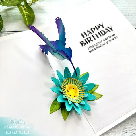 Crafting By Carol: Surprise Pop-Up Hummingbird Card Hummingbird Birthday Cards, Hummingbird Crafts, Hummingbird Craft, Pop Up Cards Diy, Hummingbird Cards, Hummingbird Card, Spellbinders Christmas Cards, 3d Cards Handmade, Origami Butterfly Tutorial