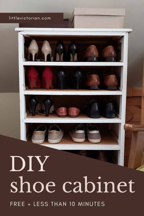 Dresser To Shoe Storage, Vintage Shoe Rack Ideas, Diy Shoe Shelf, Shoe Cabinet Ideas, Diy Shoe Cabinet, Make A Shoe Rack, Upcycle Drawers, Shoe Shelf Diy, Spare Bedroom Closets