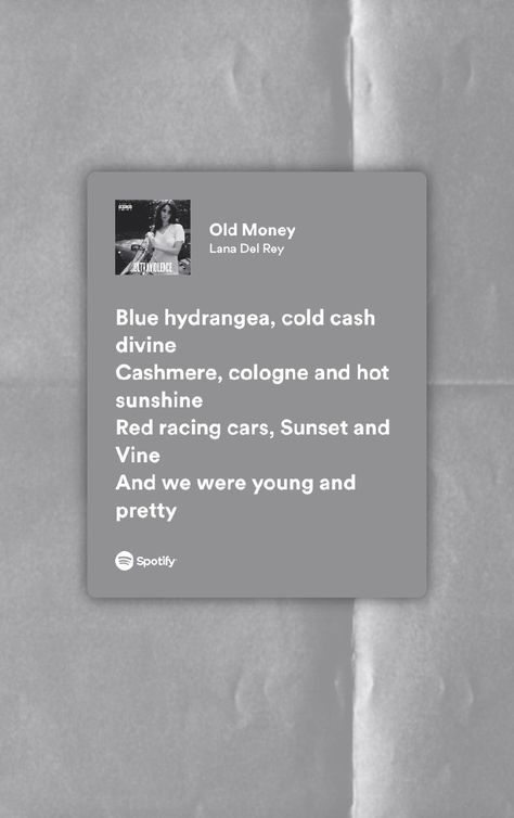 Old Money Songs, Money Songs, Aesthetic Case, Blue Hydrangea, Old Money, Lana Del Rey, Song Lyrics, Cards Against Humanity, Songs