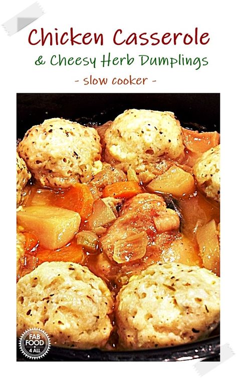 Slow Cooker Chicken Casserole & Cheesy Herb Dumplings - made with white wine and vegetables, the perfect comforting dish for winter. Slow Cooker Cake Recipes, Chicken Thigh Casserole, Slow Cooker Chicken Casserole, Slow Cooker Cake, Slow Cooker Chicken Thighs, Slow Cooked Chicken, Chicken Slow Cooker Recipes, Crockpot Recipes Slow Cooker, Chicken Recipes Casserole