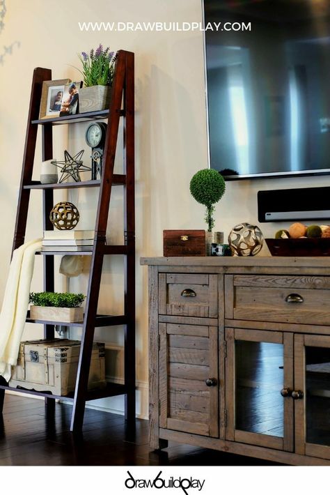 Ladder Bookshelf Decor Bedroom, Tiered Ladder Shelf Decor, Styling Ladder Bookshelves, Decorate A Ladder Shelf, Farmhouse Ladder Shelf Decor, Decorate A Ladder, How To Decorate A Ladder, Ladder Shelf Decor Living Room, Shelf In Living Room