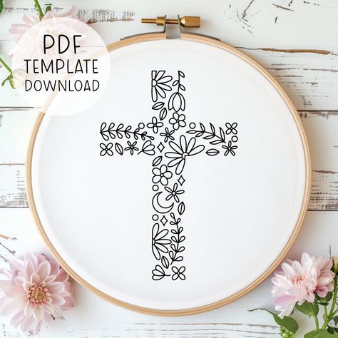 Cross Floral Embroidery Pattern Download, Easter Cross Embroidery Design, Cute Christian Hand Embroidery Pattern, Easter Home Decor Embroidery Cross Christian, Embroidered Cross Design, Spring Embroidery Ideas, Free Embroidery Patterns Printables, Floral Embroidery Patterns Templates, Cross Embroidery Patterns, Embroidery Patterns Flowers, Cross Embroidery Designs, Christian Embroidery