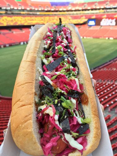 FEDEX FIELD: HOTTODOGGU  | Best NFL Stadium Foods to Eat in 2017 Jehancancook Snack Stadium, Superbowl Food Stadium, Nfl Stadiums Bucket Lists, Super Bowl Food Stadium, Nfl Food, Stadium Food, Nfl Stadium, Biggest Stadium, Best Meals