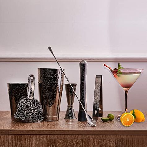 Amazon.com: SKY FISH Bartender Kit Cocktail Shaker Set-7 Pieces Stainless Steel Black Plated Etching Bar Tools With Boston Shaker Tins, Mixing Spoon, Mojito Muddler, Japanese Double Jigger, Hawthorne Strainer: Kitchen & Dining Fish Cocktail, Boston Shaker, Bartender Kit, Cocktail Tools, Bar Tool Set, Cocktail Shaker Set, Bar Spoon, Wine Tools, Cocktail Shakers