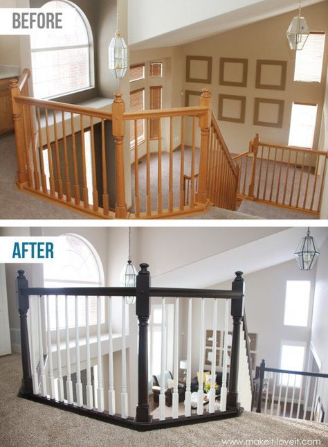 Using Gel Strain!!!  DIY: How to Stain and Paint an OAK Banister, Spindles, and Newel Posts (the shortcut method...no sanding needed!) |via Make It and Love It Banister Spindles, Oak Banister, Wood Railings For Stairs, Staircase Remodel, Staircase Makeover, Diy Stairs, Newel Posts, Wood Stairs, After Pictures