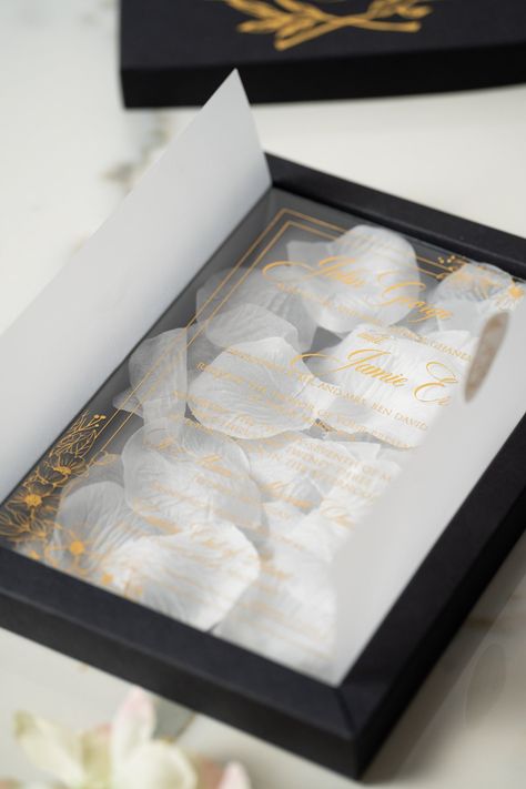 Luxury Wedding Invitation with Customizable Box, gold foil Print Acrylic Invitations With Black Box, with artificial white petals by myinvitationcolor on Etsy Wedding Invitations Extravagant, Luxury Event Invitation, Wedding Box Invitations, White And Gold Wedding Invitations, Acrylic Invitation Wedding, Luxury Wedding Invitations Box, Boxed Invitations, Bespoke Packaging, Wedding Invitations Luxury