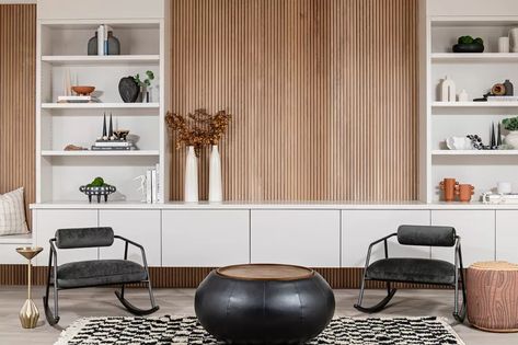 36 Wood Slat Accent Wall Ideas for a Stylish Focal Point in Any Room Living Room With Built Ins, Wood Slat Accent Wall, Slab Fireplace, Slat Accent Wall, Slats Wall, Slat Walls, White Built Ins, Funky Lighting, Wooden Wall Lights