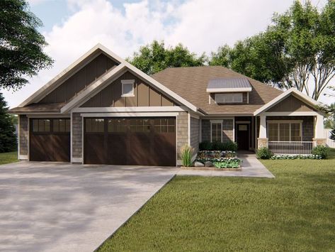 050H-0223: One-Story Craftsman House Plan One Story Craftsman House Plans, Bed Layout, Porch Kits, Craftsman Ranch, Bedroom Furniture Layout, Split Bedroom, Building A Porch, Bedroom Layout, Craftsman Style Homes