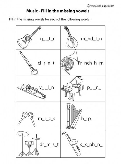 Instruments - Fill In B&W worksheets Music Instruments Kids, 2nd Grade Reading Worksheets, Music Activities For Kids, Fun Worksheets For Kids, Print Handwriting, Kids Worksheets, Music Worksheets, English Worksheets For Kids, Kids Pages