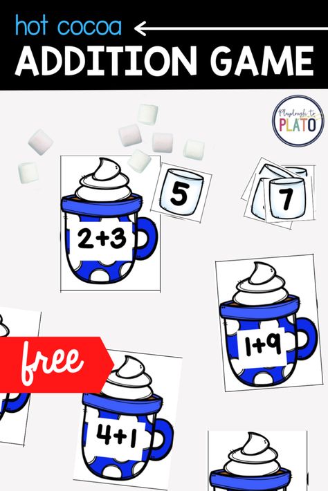 Hot Chocolate Math Activities, Kínder Activities, January Centers, December Centers, Free Math Centers, January Math, January Classroom, Playdough To Plato, Addition Kindergarten