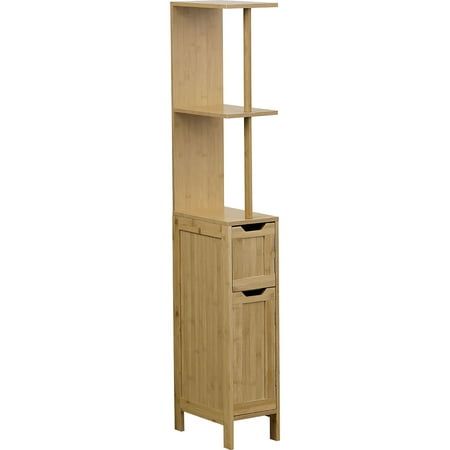 Are you struggling to find an elegant storage solution for your bathroom? Look no further than our MAHE slim storage cabinet in bamboo and wood. With a small footprint, this freestanding linen tower is the perfect space-saving organizer for your bathroom. Measuring at a compact size of 51.4inchH x 12inchW x 7.2inchL, it's ideal for those with limited space or a minimalist design. Featuring a tall storage tower with a 2-tier shelf, this cabinet offers ample space for all your bathroom essentials, Slim Storage Cabinet, Freestanding Bathroom Storage, Slim Storage, Bathroom Freestanding, Bathroom Stand, Space Saving Bathroom, Compact Bathroom, Bamboo Bathroom, Wood Storage Cabinets