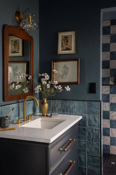 Design by ispydiy. Dark Blue Bathroom Ideas, 70s Bathroom, Dark Blue Bathrooms, I Spy Diy, Loft Bathroom, House Aesthetic, Bathroom Redesign, The Tile Shop, Loft House