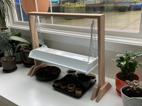 Floating Shelves Grow Lights, Table Top Grow Light Stand Diy, Grow Light Stand Diy, Diy Plant Light Stand, Grow Light Set Up Seed Starting, Window Herb Garden Indoor, Grow Light Set Up, Grow Lights Diy, Diy Grow Light