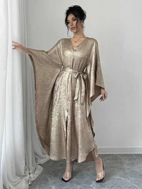 Women's Elegant Gold Glitter V-Neck Long Satin Dress Gold Modest,Party  Three Quarter Length Sleeve Woven Fabric Plain,All Over Print Kaftan Non-Stretch  Women Clothing, size features are:Bust: ,Length: ,Sleeve Length: Long Satin Dress, Cape Sleeve Dress, Satin Dress Long, Dress Gold, Drop Shoulder Sweaters, Caftan Dress, Abayas Fashion, Women Long Dresses, Inspiration Mode