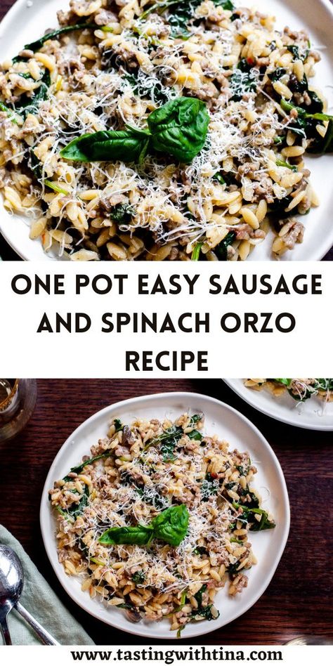 Meals To Make With Chicken, Spinach Orzo, Sausage And Spinach, Orzo Recipe, Sausage Dishes, Orzo Recipes, Pot Recipes Easy, Sweet Italian Sausage, Yummy Pasta Recipes