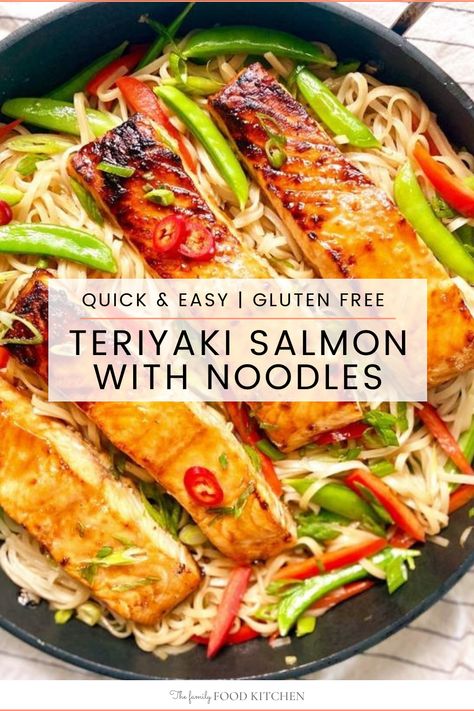 For great tasting food ready in 20 minutes, you have to try my Teriyaki Salmon Noodles. Soft brown rice noodles are combined with crunchy stir fried veggies and oven baked salmon fillets in a tangy teriyaki sauce. Full of flavor, this teriyaki salmon bowl is a hit with the whole family. #FamilyFoodKitchen Teriyaki Salmon Noodle Bowl, Salmon Rice Noodles, Salmon With Rice Noodles, Ramen And Salmon, Teriyaki Salmon Noodles, Salmon Rice Noodle Bowl, Salmon Ramen Bowl, Salmon Noodle Bowl, Salmon With Noodles