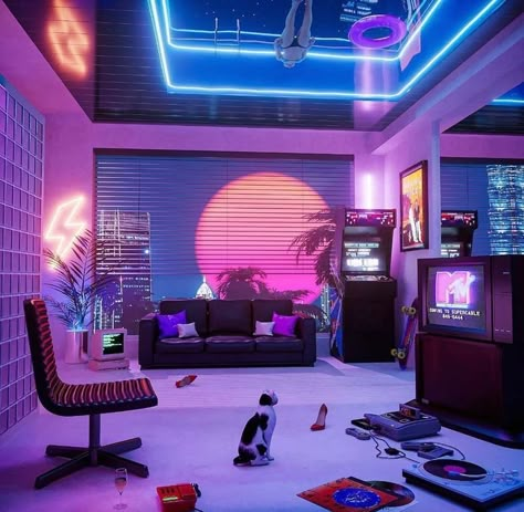 Vaporwave Apartment, 1980 Decor, Vaporwave Collage, Cyberpunk Interior, Vaporwave Room, Synthwave Art, Blue Neon Lights, Karaoke Room, Nostalgia Art