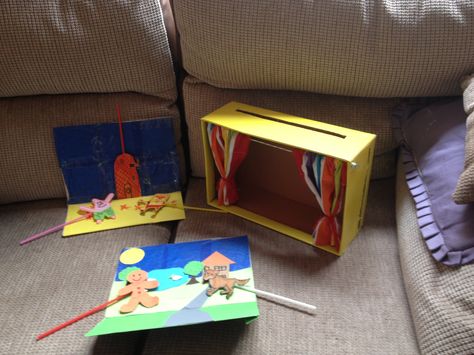 Shoe box theatre, just cut slots along to sides of the box, add some curtains, make some scenery, then add your figures by sticking them to straws and sliding them through the slots in the side of the box. Shoe Box Theatre, Shoe Box Diy, Handmade Puppet, Puppets Diy, Puppet Theater, Quick Crafts, Shadow Puppets, Indoor Activities, Craft Box