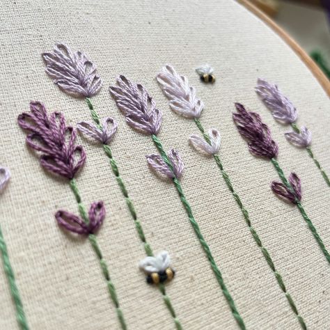 Lavender and bees might be my favourite combo 💜 #floralembroidery #embroideryart #handembroidery #lavenderembroidery #shropshireartist #dmcembroidery Embroidery Designs Lavender, Lavender Flower Embroidery, Simple Lavender Embroidery, Embroidery Lavender Pattern, Lavender Plant Embroidery, Lavender Embroidery, Sewing Embroidery, Sewing Embroidery Designs, Flower Embroidery