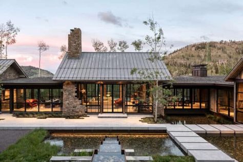 Inside an absolutely beautiful rustic modern hillside home in Park City 1000 Island, Modern Mountain Home, Architecture Building Design, Mountain Living, Mountain Modern, Modern Mountain, Front Door Design, River House, Mountain Home