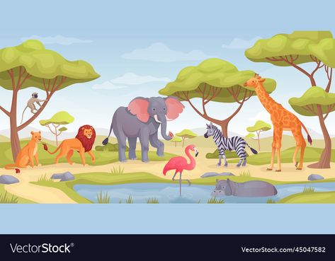 Landscape Tropical, Animals Landscape, Savanna Animals, Minoan Art, Landscape Drawings, African Animals, African Safari, Safari Animals, Savannah