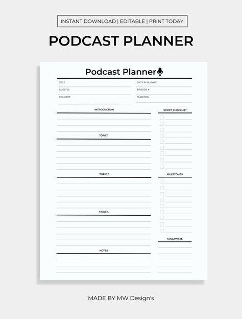 Podcast Notes Template, Podcast Outline Template Free, Podcast At Home Set Up, Podcast Guidelines, Podcast Planning Template Free, Podcast Must Haves, Podcast Planner Printable Free, Podcasting For Beginners, Free Podcast Planner