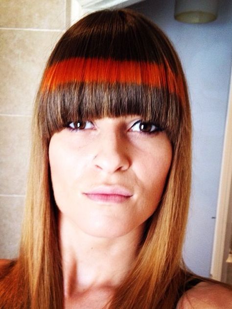 Neon Orange Fringe Shine Line Haircolour Hair Orangehair Sharp Bright Geometric Shape Rush Rushhair Horsham Orange Hair Bob With Bangs, Orange Bob With Bangs, Neon Green And Orange Hair, Rainbow Shine Line Hair, Orange Scene Hair, Neon Orange, Geometric Shapes, Hair Color, Neon