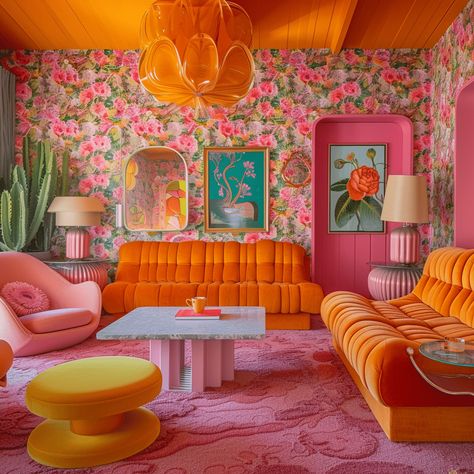 Bold & Bright: 25 Funky Retro Living Room Ideas to Try Retro Living Room Ideas, Groovy Room Decor, Living Room Inspiration Apartment, Maximalism Interior Design, Living Room Decor Grey Couch, Funky Eclectic Decor, Living Room Inspiration Grey, Living Room Inspiration Board, Maximalism Interior