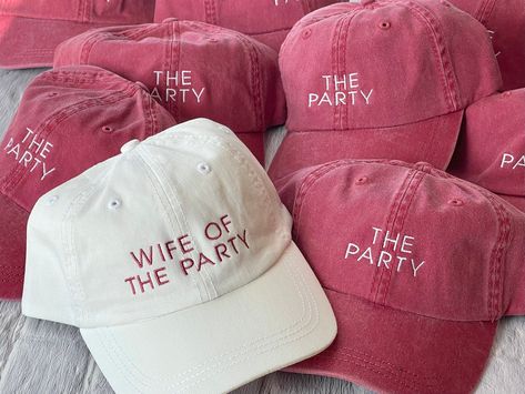 Cute Bridal Party Gifts, Wedding Party Accessories Fun, Casual Bachelorette Party Ideas, Wife Of The Party Bachelorette Theme, Bachelorette Party Details, Bach Trip Gifts, Bachelorette Hat Ideas, Bachelorette Trucker Hats, Drunk Vibes