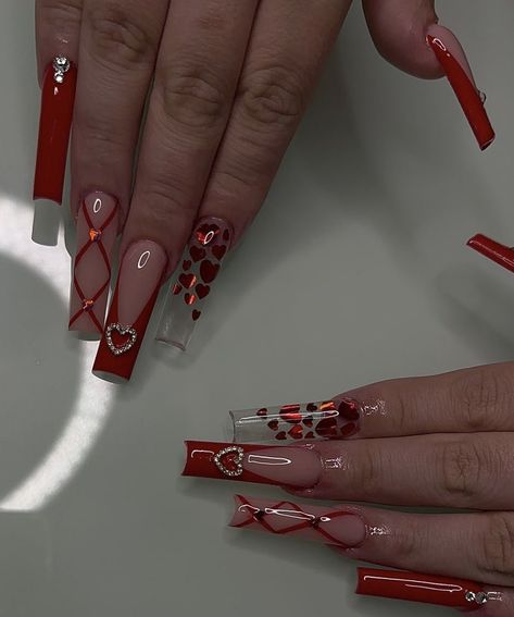 Valentines Nail, Vday Nails, Red Acrylic Nails, Nail Designs Valentines, Nails Design With Rhinestones, Cute Acrylic Nail Designs, Dope Nail Designs, Unique Acrylic Nails, Long Square Acrylic Nails