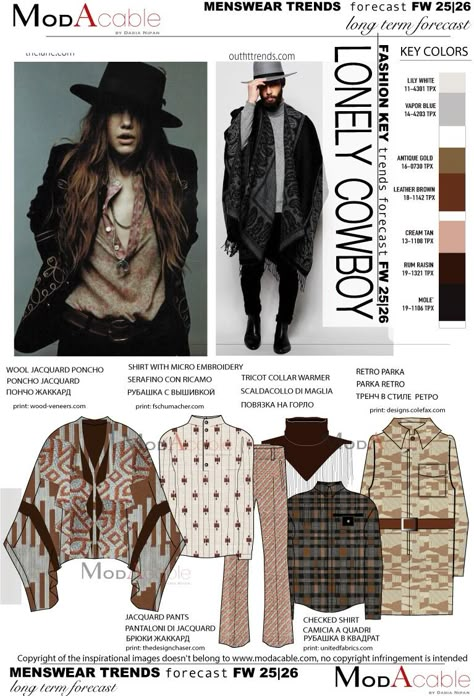 FW 25.26 trend Lonely cowboy - ModaCable Fw25 Trends, Fashion Trend Pattern, Fashion Trending Moodboard, Fashion Trend Book, Kidswear Trends, Trend 2025, Knitwear Trends, Fashion Trend Forecast, Trend Fabrics