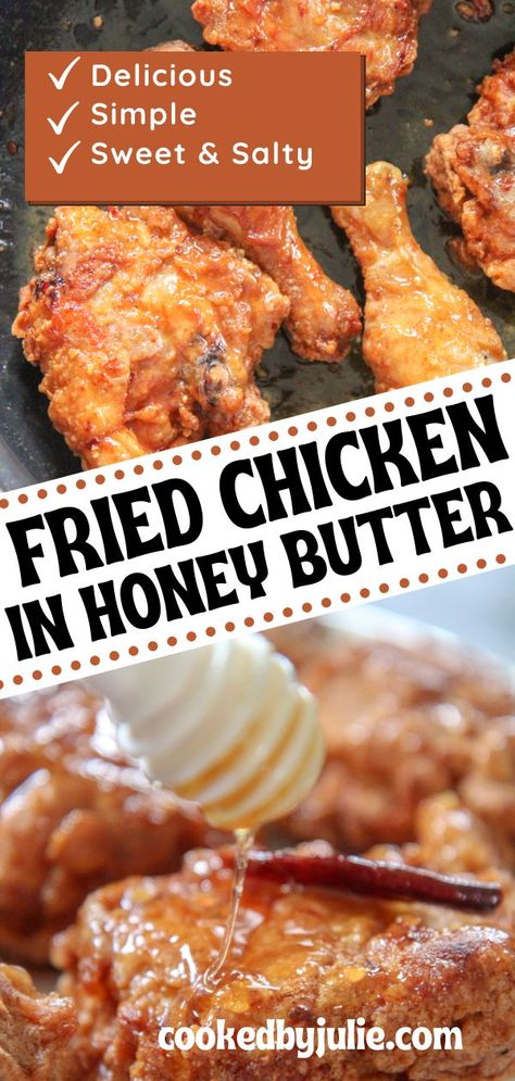 This fried chicken in honey butter is bound to be enjoyed by the whole family. Bone-in fried chicken tossed in a honey butter sauce infused with fresh garlic in a cast iron skillet makes for a sweet and salty, delicious main course that pairs well with biscuits, mac and cheese, or coleslaw. Honey Fried Chicken Tenders, Honey Sauce For Fried Chicken, Honey Butter Chicken Sandwich, Honey Buttered Fried Chicken, Honey Fried Chicken Wings, Honey Butter Sauce For Chicken, Honey Butter Fried Chicken Recipe, Cast Iron Fried Chicken Recipes, Honey Glazed Fried Chicken