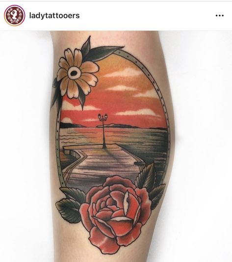 Sun Set Tattoo, Tattoo Beach, Sunset Over Water, Beach Tattoos, Set Tattoo, Beach Tattoo, Traditional Tattoos, Sun Set, Ink Ideas