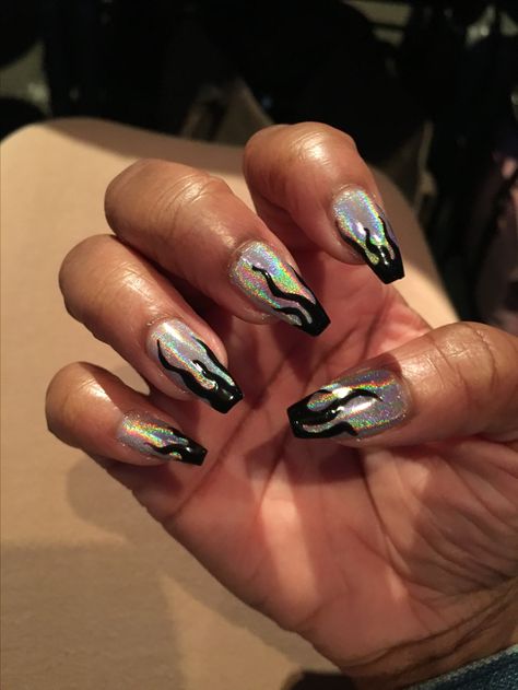 Glitter Flame Nails, Chrome Flame Nails, Flame Nails, Flame Nail Art, Silver Glitter Nails, Drag King, Silver Nails, Nails Inspo, Chrome Nails