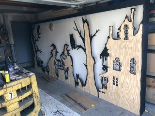 Halloween Garage Door Silhouette, Halloween Outdoor Cutouts, Halloween Garage Decorations Inside, Halloween Garage Decorations, Garage Door Halloween Decor, Garage Door Halloween, Nails Power, Halloween Garage Door, Halloween Garage