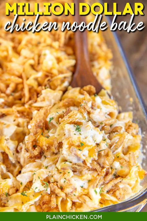 Million Dollar Chicken Noodle Bake – GREAT weeknight chicken casserole. Super easy to make and tastes like a million bucks!! Can make ahead and freeze for a quick meal later! Egg noodles, cooked chicken, cottage cheese, cream cheese, cream of chicken soup, sour cream, onion, garlic, cheddar cheese, and french fried onions. Everyone cleaned their plate and went back for seconds! Cheap Meals For Large Families, Chicken Noodle Bake, Food Casseroles, Chicken And Egg Noodles, Million Dollar Chicken, Noodle Bake, Egg Noodle Recipes, Chicken Noodle Casserole, French Fried Onions