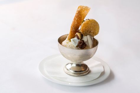 Francesco Mazzei's creamy hazelnut ice cream recipe is served as a sundae with a wonderful variety of crunchy toppings, including pieces of meringue and chocolate crumble, as well as delicate wafers and tuiles. Ice Cream Sundae Recipe, Crunchy Toppings, Hazelnut Ice Cream, Sundae Recipes, Egg White Recipes, Chocolate Crumble, Great British Chefs, How To Roast Hazelnuts, Ice Cream Recipe