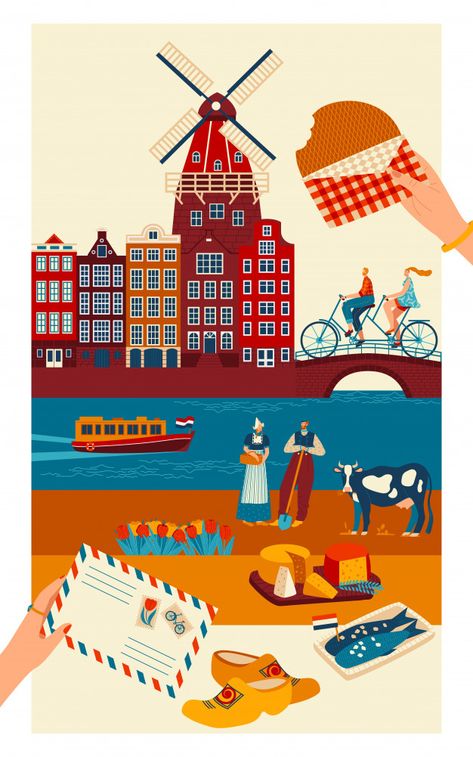 Premium Vector | Netherlands travel postcard, main symbols of dutch culture and sightseeing landmarks, illustration Landmarks Illustration, Dutch Culture, Amsterdam Houses, Holland Netherlands, Infographic Illustration, Travel Postcard, Netherlands Travel, Amsterdam Netherlands, Travel Illustration