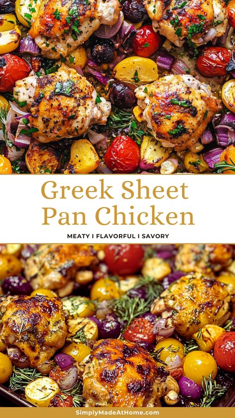 Bring the flavors of Greece to your dinner table with this easy Greek Sheet Pan Chicken recipe! Packed with juicy chicken, vibrant veggies, and zesty spices, it's a complete meal made in one pan. Perfect for busy weeknights or meal prep! Don't forget to save this tasty recipe for your next family gathering or casual dinner – it's sure to impress! Greek Sheet Pan Chicken, Sheet Pan Chicken Recipe, Greek Sheet Pan, Sheet Pan Meals Chicken, Easy Sheet Pan Dinners, Sheet Pan Chicken, Pan Chicken, Pan Dinners, Tasty Recipe