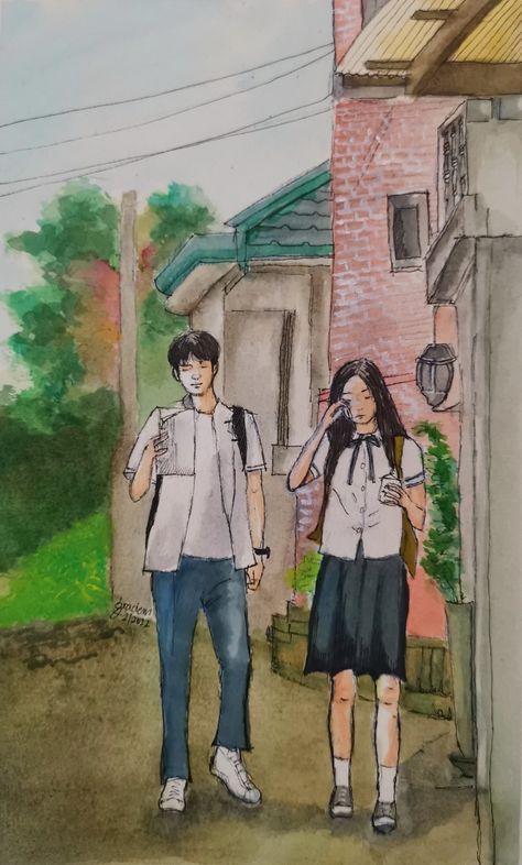 Korea Watercolor Painting, Our Beloved Summer Fanart, Kdrama Painting, Kdrama Sketch, Kdrama Drawing, Kdrama Illustration, Kdrama Art, Kdrama Fanart, Seni Korea