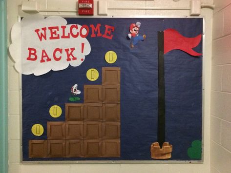 RA Board #Mario #Mariotheme #Mariokart #luigi #welcome #board Unique Bulletin Board Ideas, Classroom Wall Displays, Mario Bros Birthday Party Ideas, Raz Kids, Ra Themes, Welcome Board, Classroom Board, Back To School Bulletin Boards, Ra Ideas